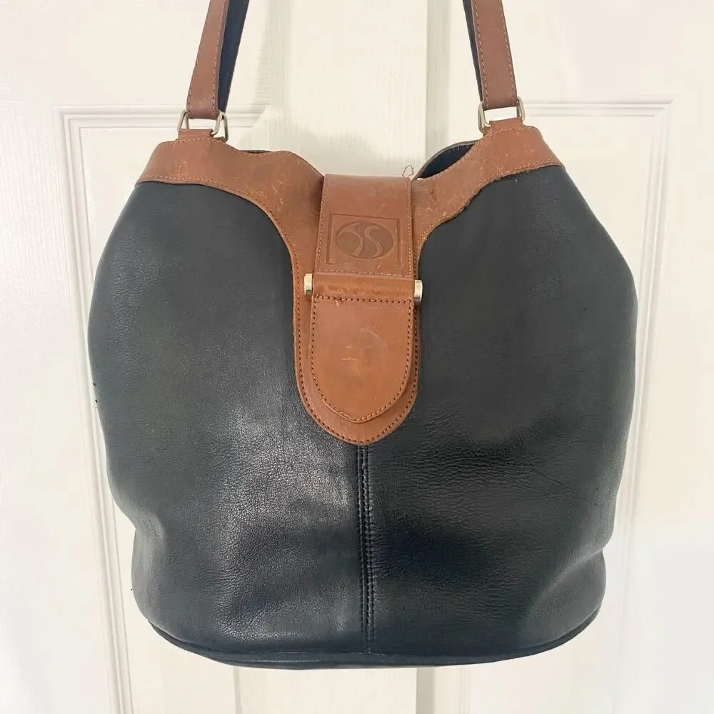 Vintage 90s Made In Austria Black Brown Soft Leather Hobo Shoulder Bucket Bag